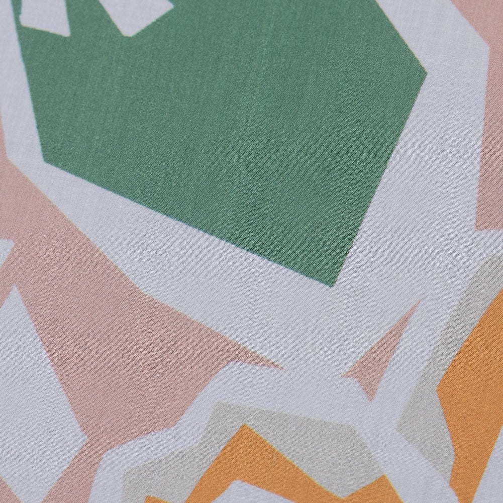 European Peach and Green Geometric Floral Cotton Poplin Detail