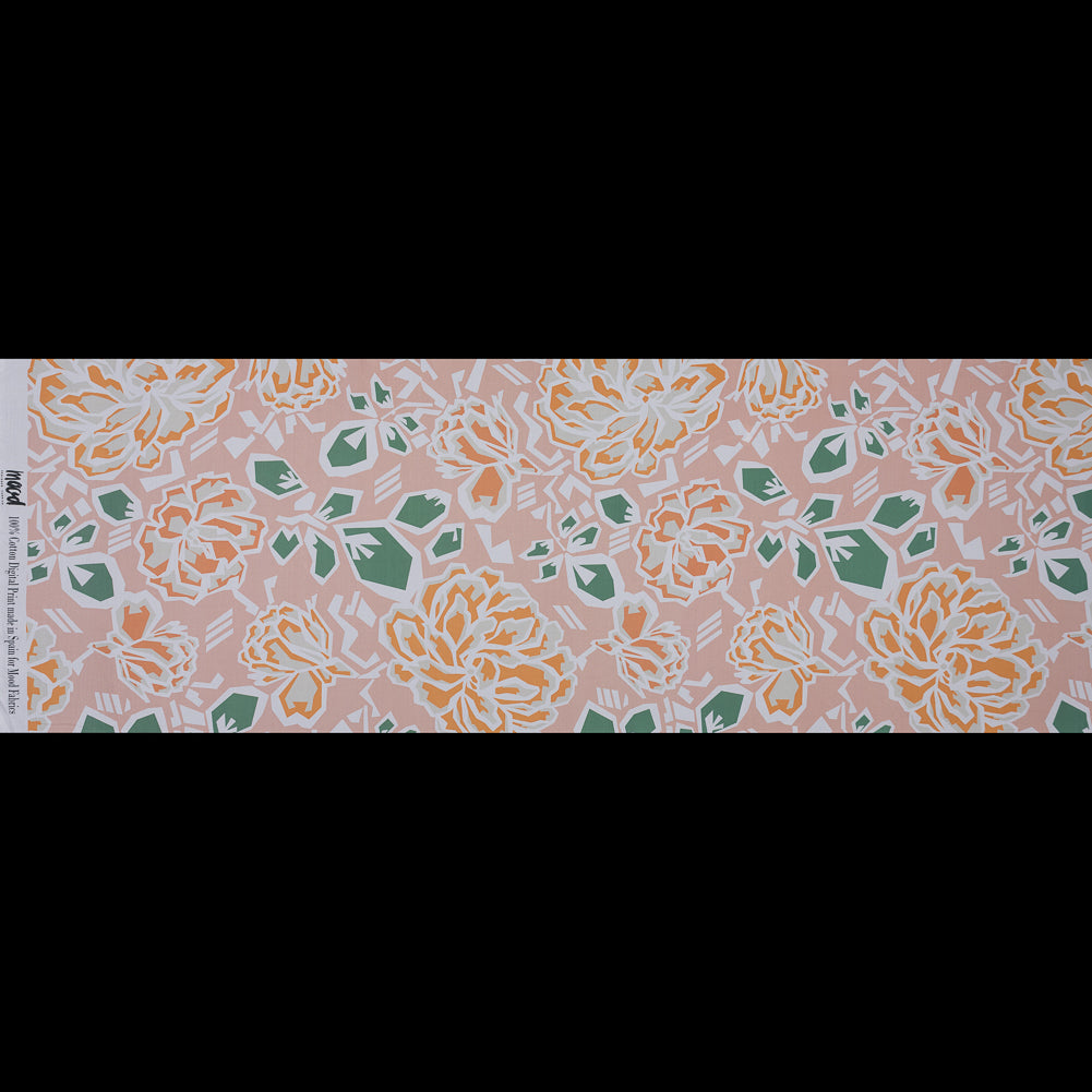 European Peach and Green Geometric Floral Cotton Poplin Full