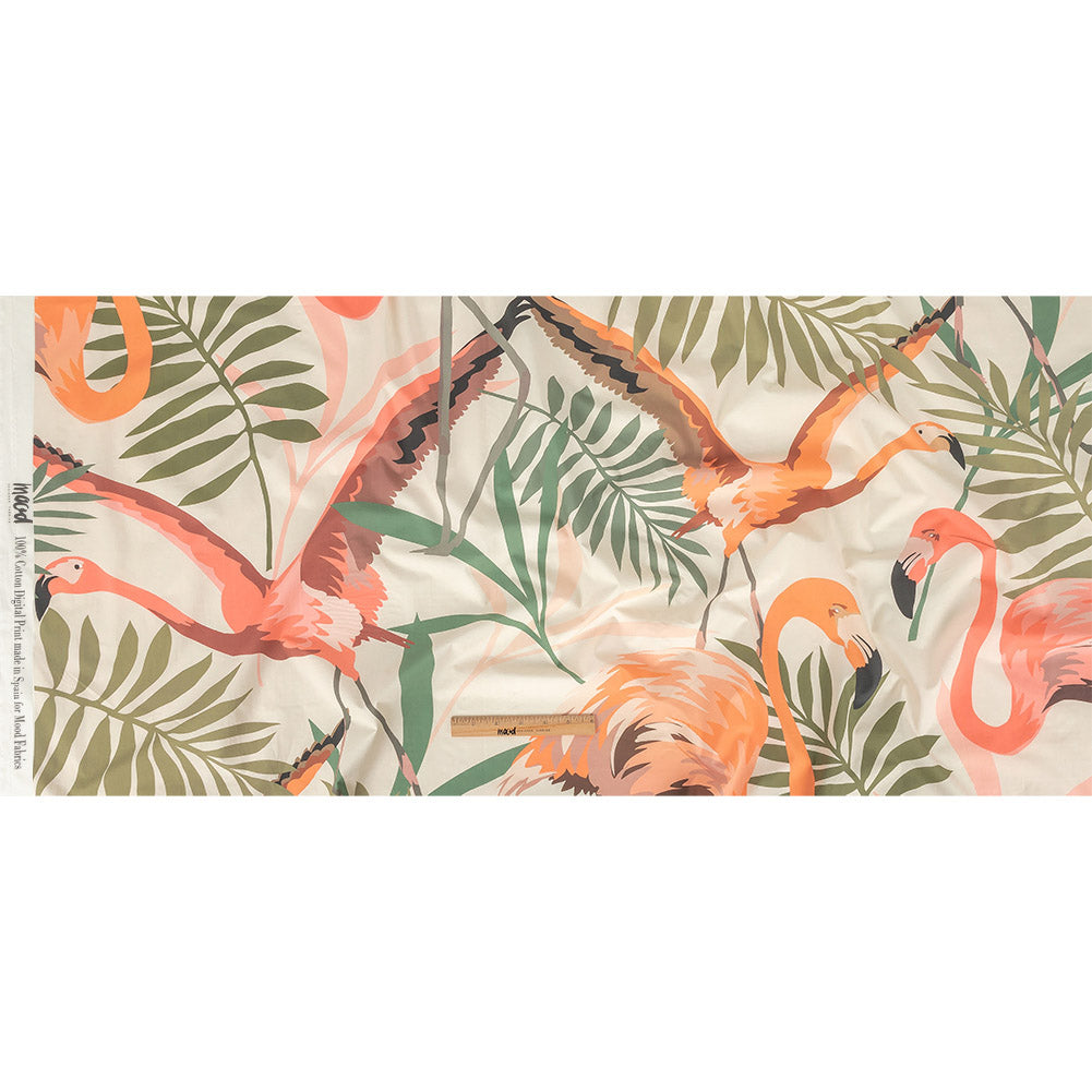 European Ivory, Shell Coral and Burnt Coral Flamingo Printed Cotton Poplin - Folded