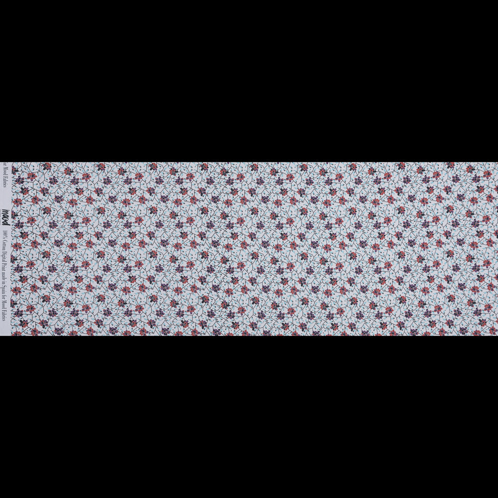 European Red and Angel Blue Floral and Feathered Cotton Poplin - Folded