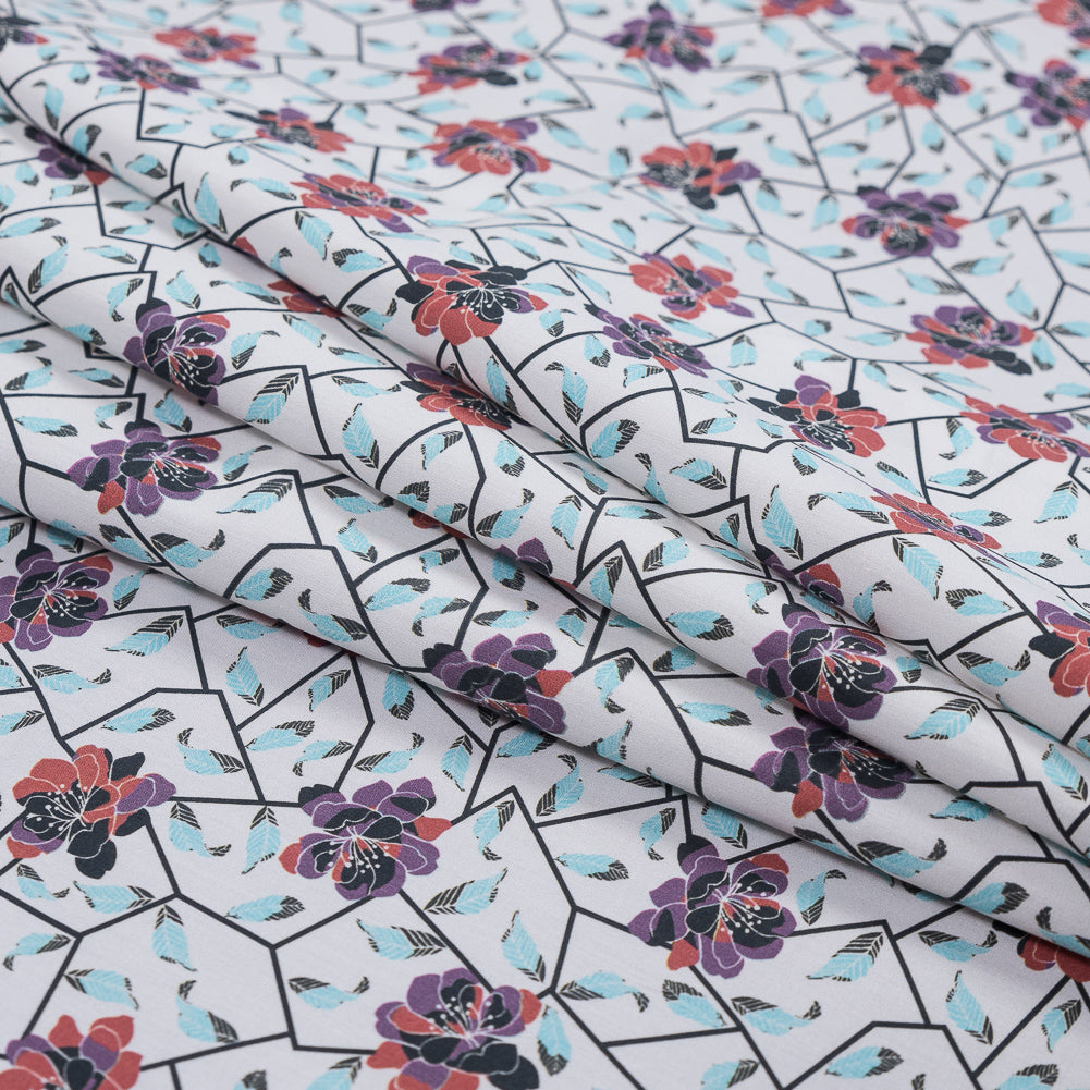 European Red and Angel Blue Floral and Feathered Cotton Poplin - Detail