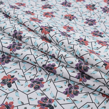 European Red and Angel Blue Floral and Feathered Cotton Poplin - Detail