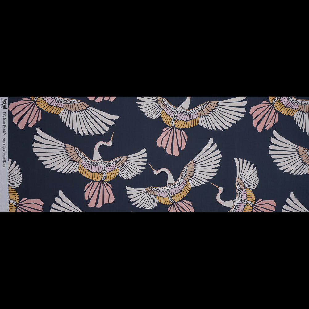 European Navy and Pink Geometric Crane Cotton Poplin - Folded