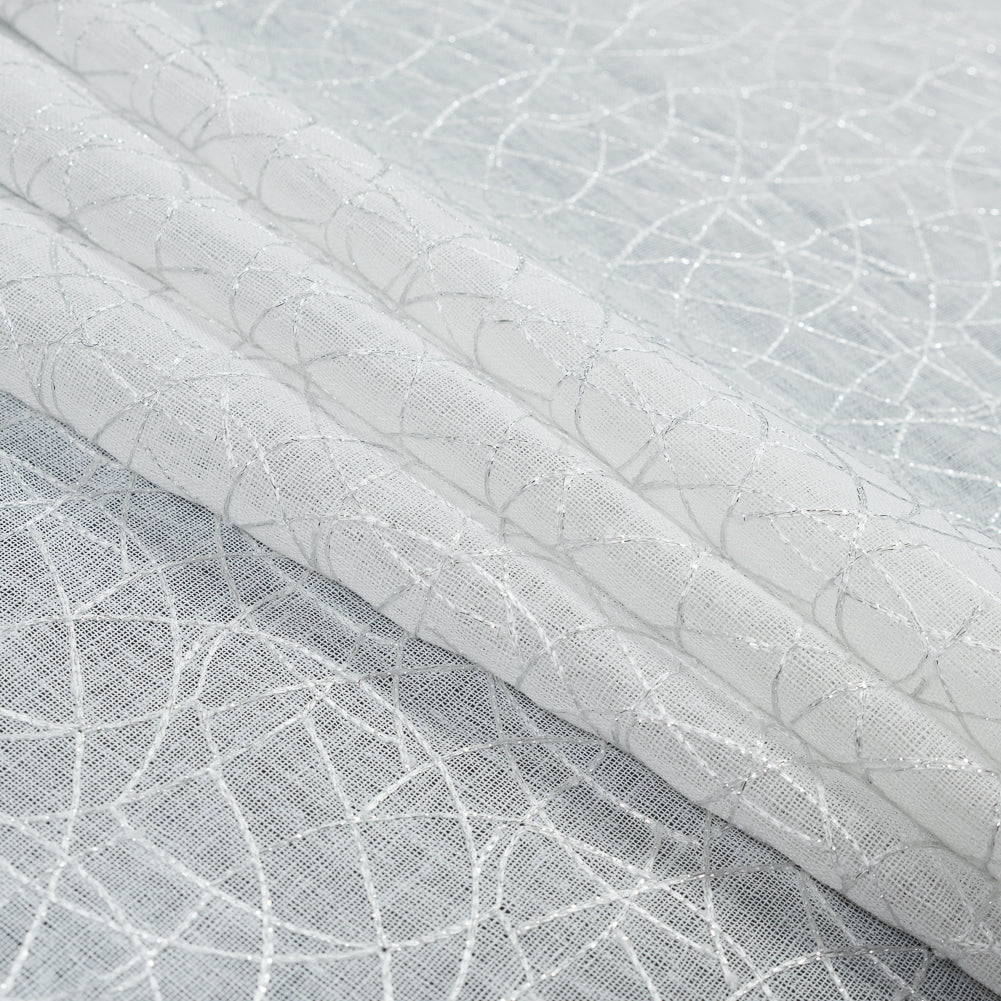 White and Metallic Silver Embroidered Drapery Sheer - Folded