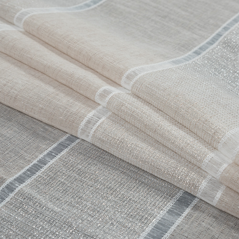 Natural and Metallic Silver Awning Striped Drapery Sheer Folded