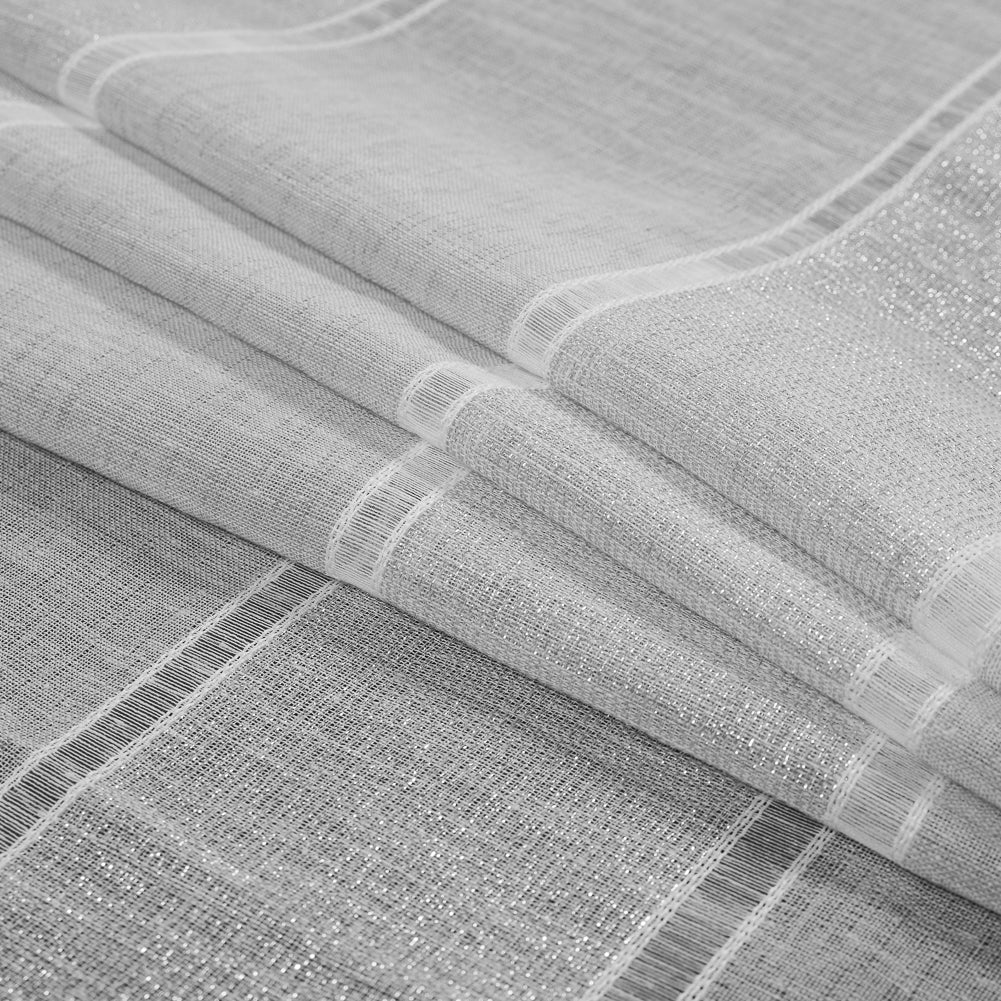 White and Metallic Silver Awning Striped Drapery Sheer - Folded