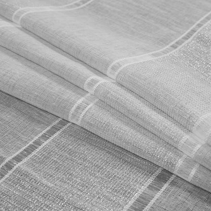 White and Metallic Silver Awning Striped Drapery Sheer - Folded