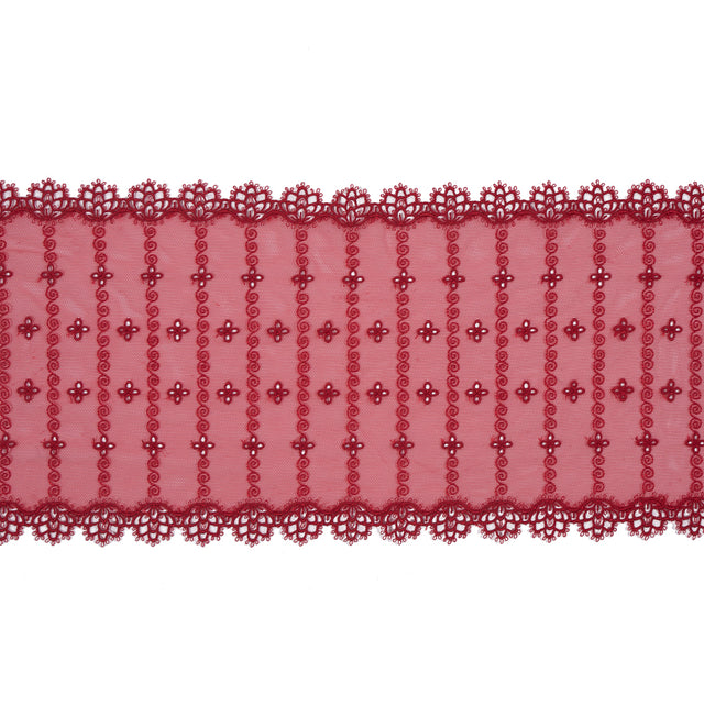 Red Embroidered and Eyelet Mesh with Finished Edges - 7.75