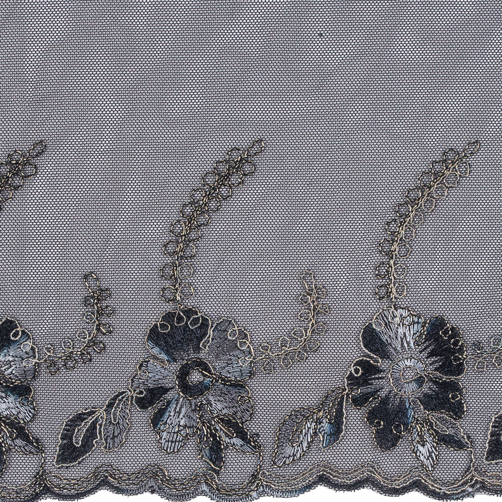 Black and Metallic Gold Embroidered Mesh with a Scalloped Edge - 7 - Detail