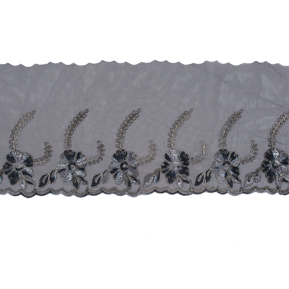 Black and Metallic Gold Embroidered Mesh with a Scalloped Edge - 7