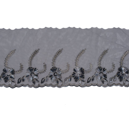 Black and Metallic Gold Embroidered Mesh with a Scalloped Edge - 7