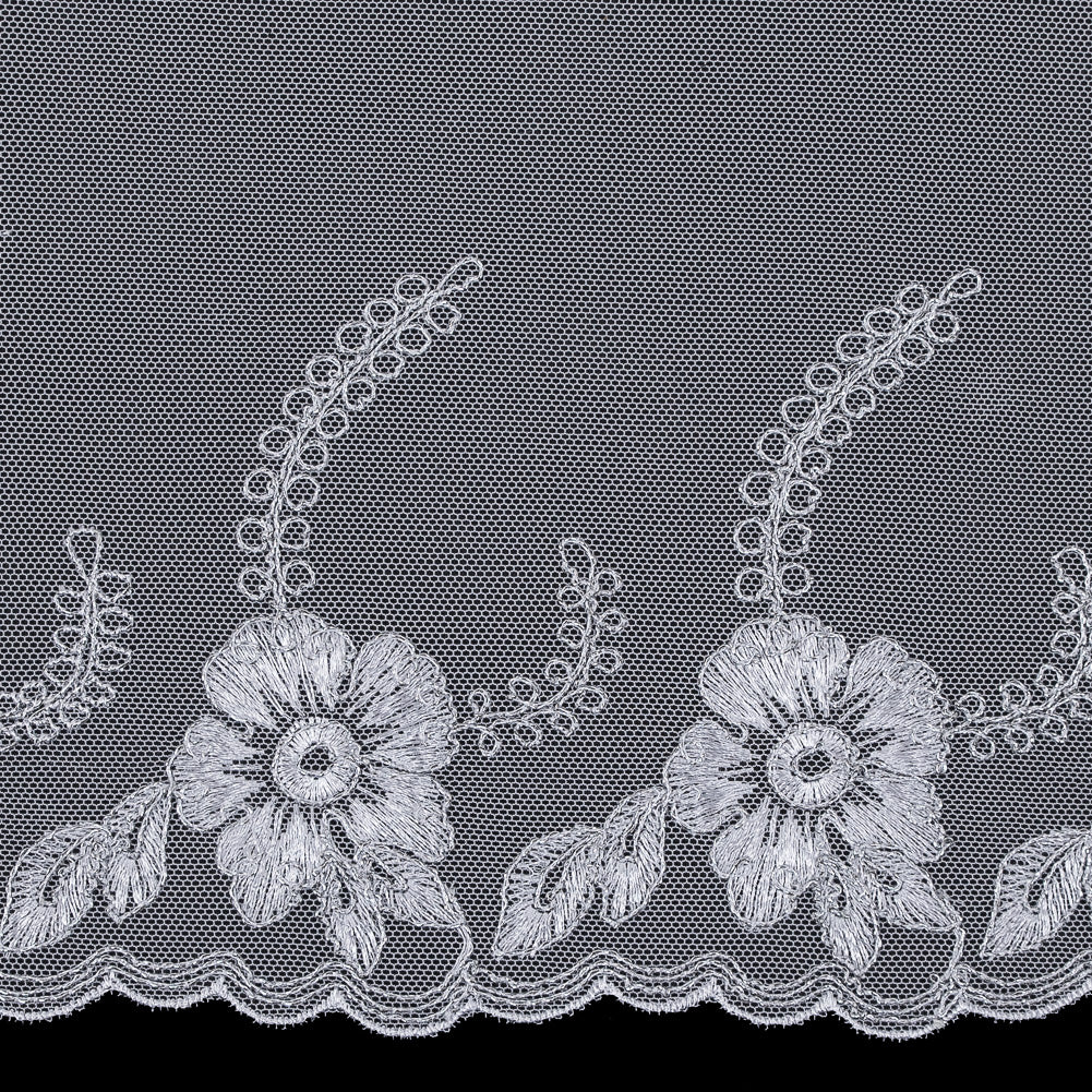 White and Metallic Silver Embroidered Mesh with a Scalloped Edge - 7" Detail