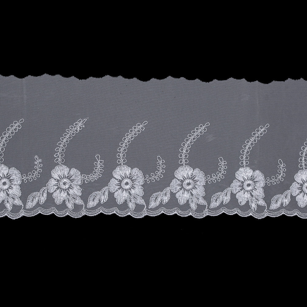 White and Metallic Silver Embroidered Mesh with a Scalloped Edge - 7"