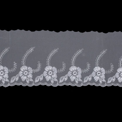White and Metallic Silver Embroidered Mesh with a Scalloped Edge - 7"