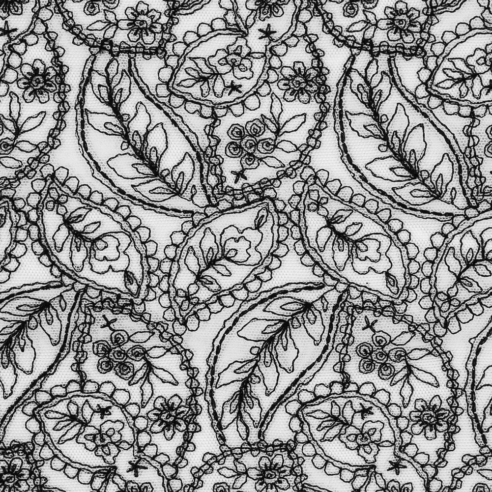 White Mesh Trim with Black Foliage Embroidery - 8" Detail