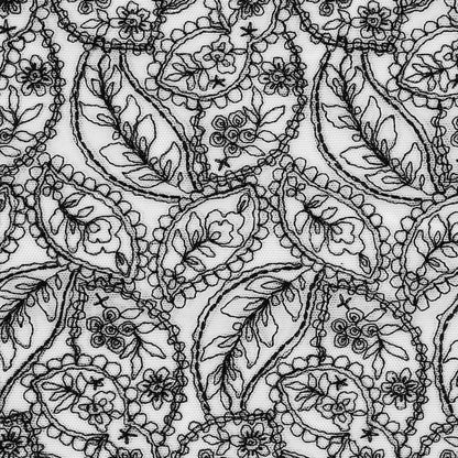 White Mesh Trim with Black Foliage Embroidery - 8" Detail