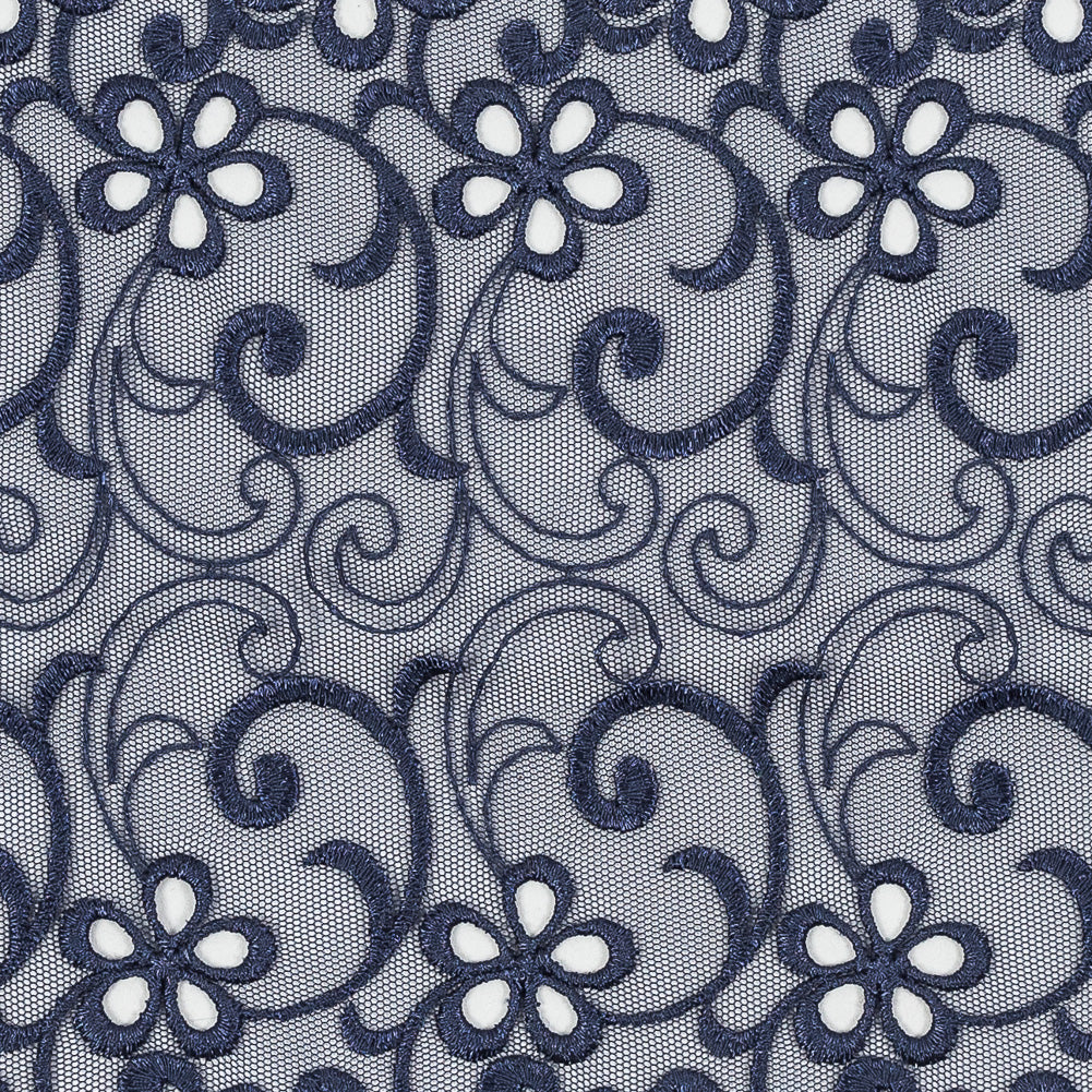 Maritime Blue Floral Embroidered Mesh - 8" Detail