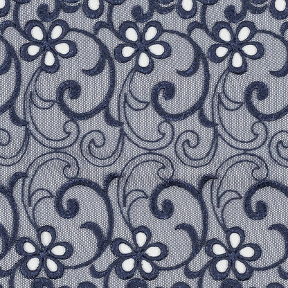 Maritime Blue Floral Embroidered Mesh - 8" Detail