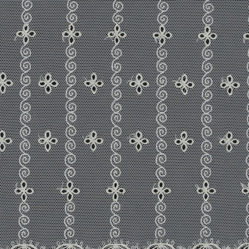 Cream and Ivory Floral Embroidered Mesh Trim - 8.75 - Detail