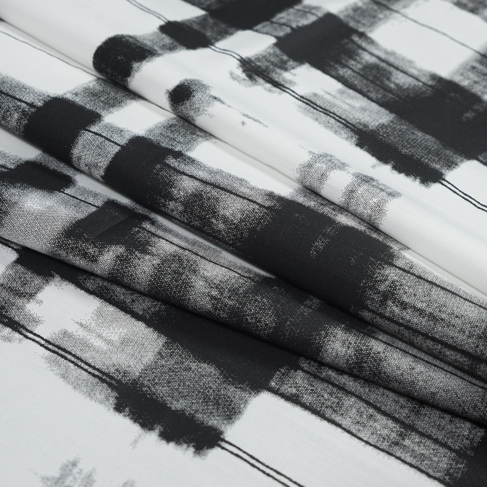 Black and White Painterly Plaid Printed Cotton Crepe Folded