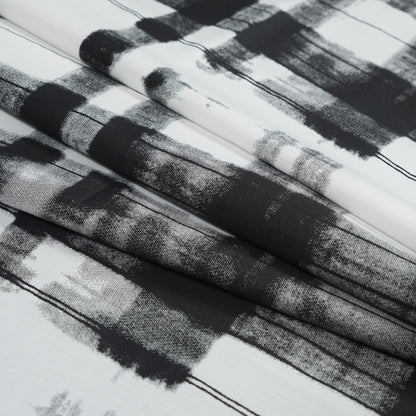 Black and White Painterly Plaid Printed Cotton Crepe Folded