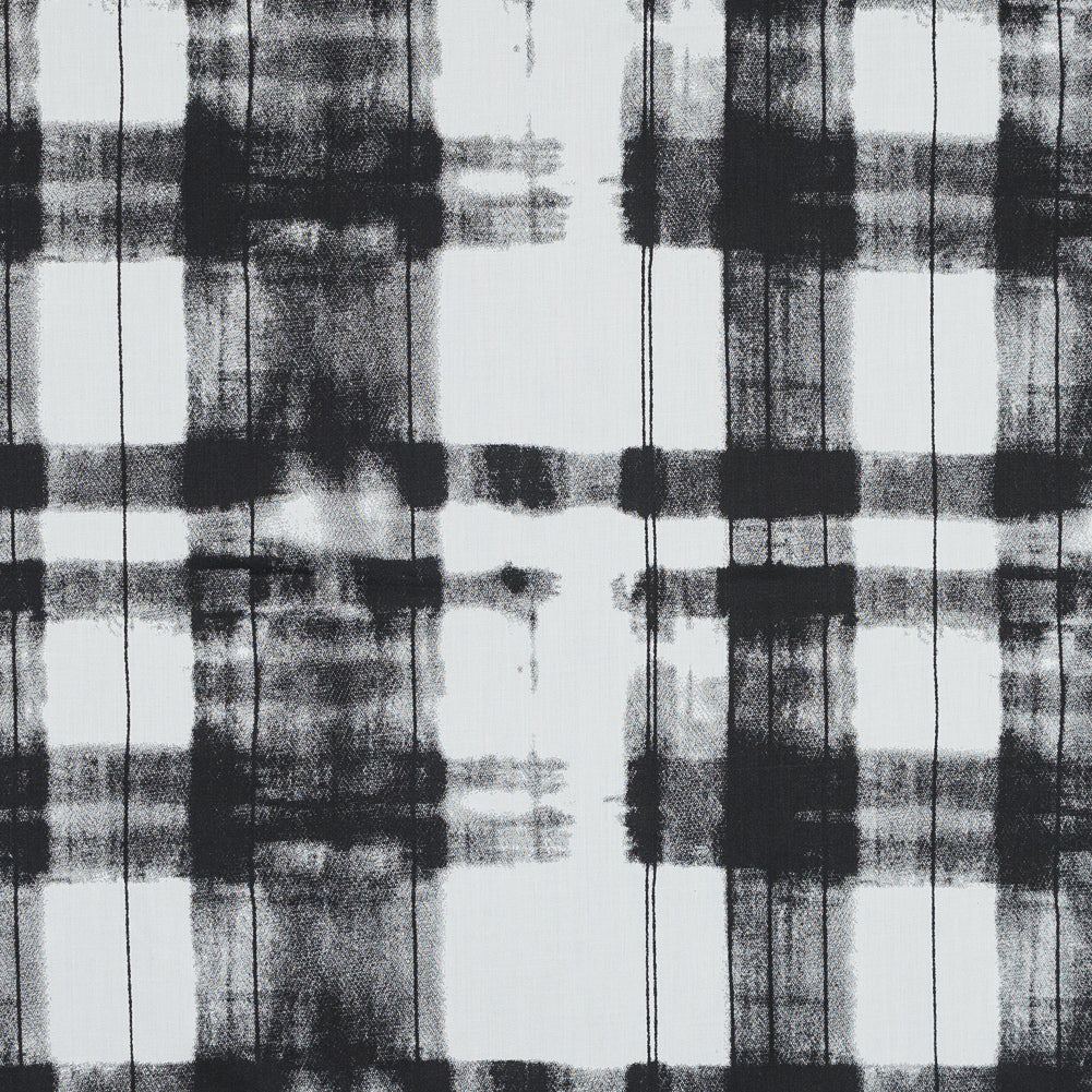 Black and White Painterly Plaid Printed Cotton Crepe