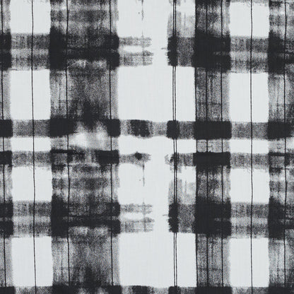 Black and White Painterly Plaid Printed Cotton Crepe