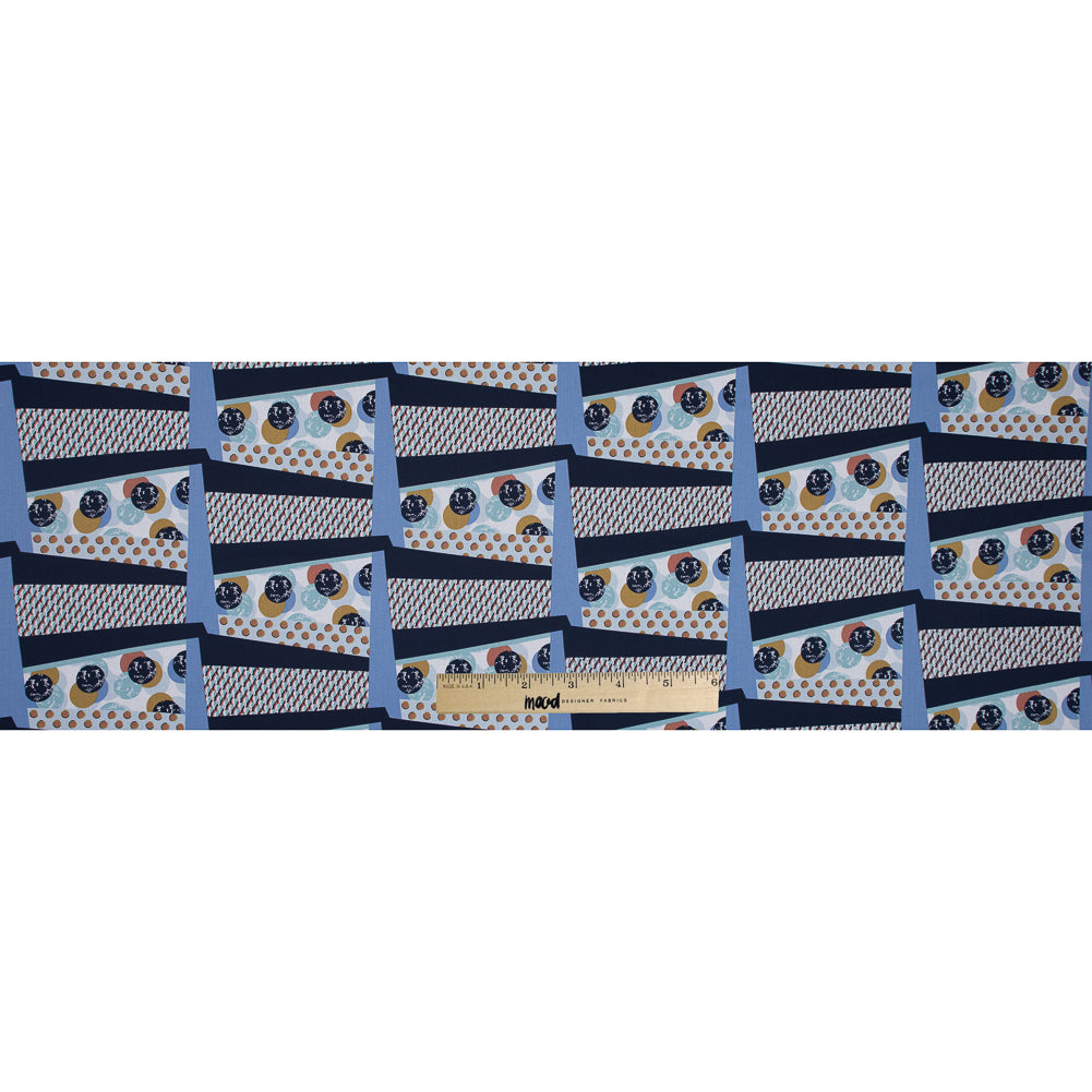 Blue Patchwork Geometric Stretch Cotton Poplin Folded