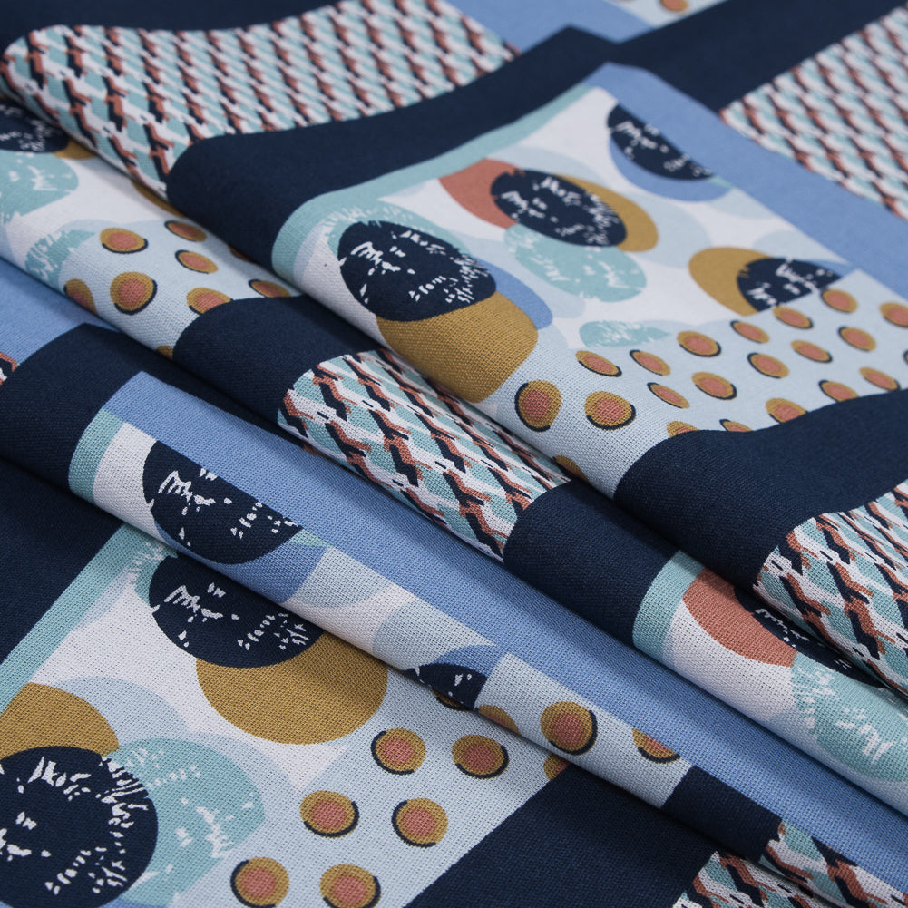 Blue Patchwork Geometric Stretch Cotton Poplin Detail