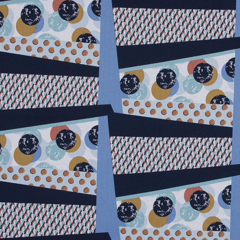 Blue Patchwork Geometric Stretch Cotton Poplin