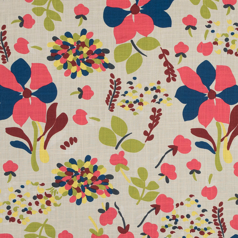 Beige and Green Floral Cotton and Viscose Poplin