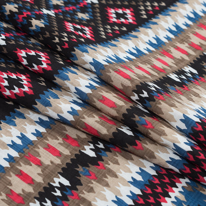 Blue, Red and Beige Geometric Cotton and Viscose Poplin - Detail