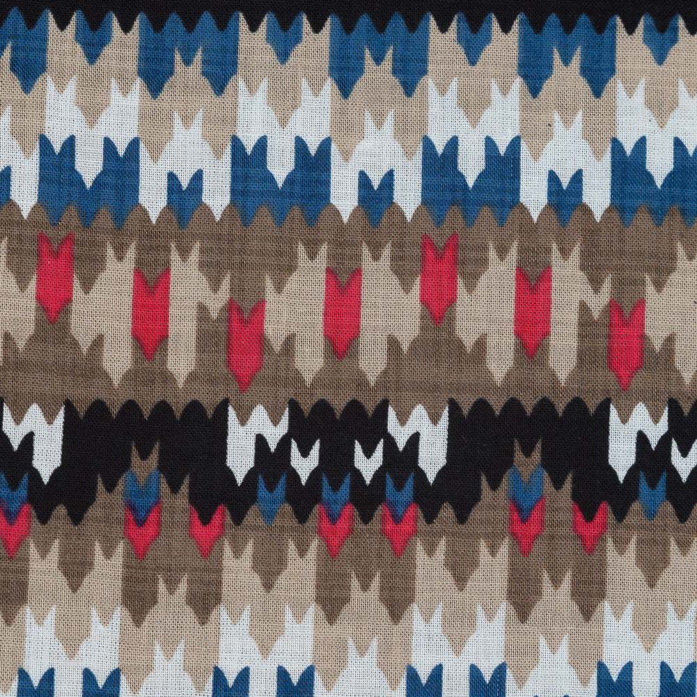 Blue, Red and Beige Geometric Cotton and Viscose Poplin - Full