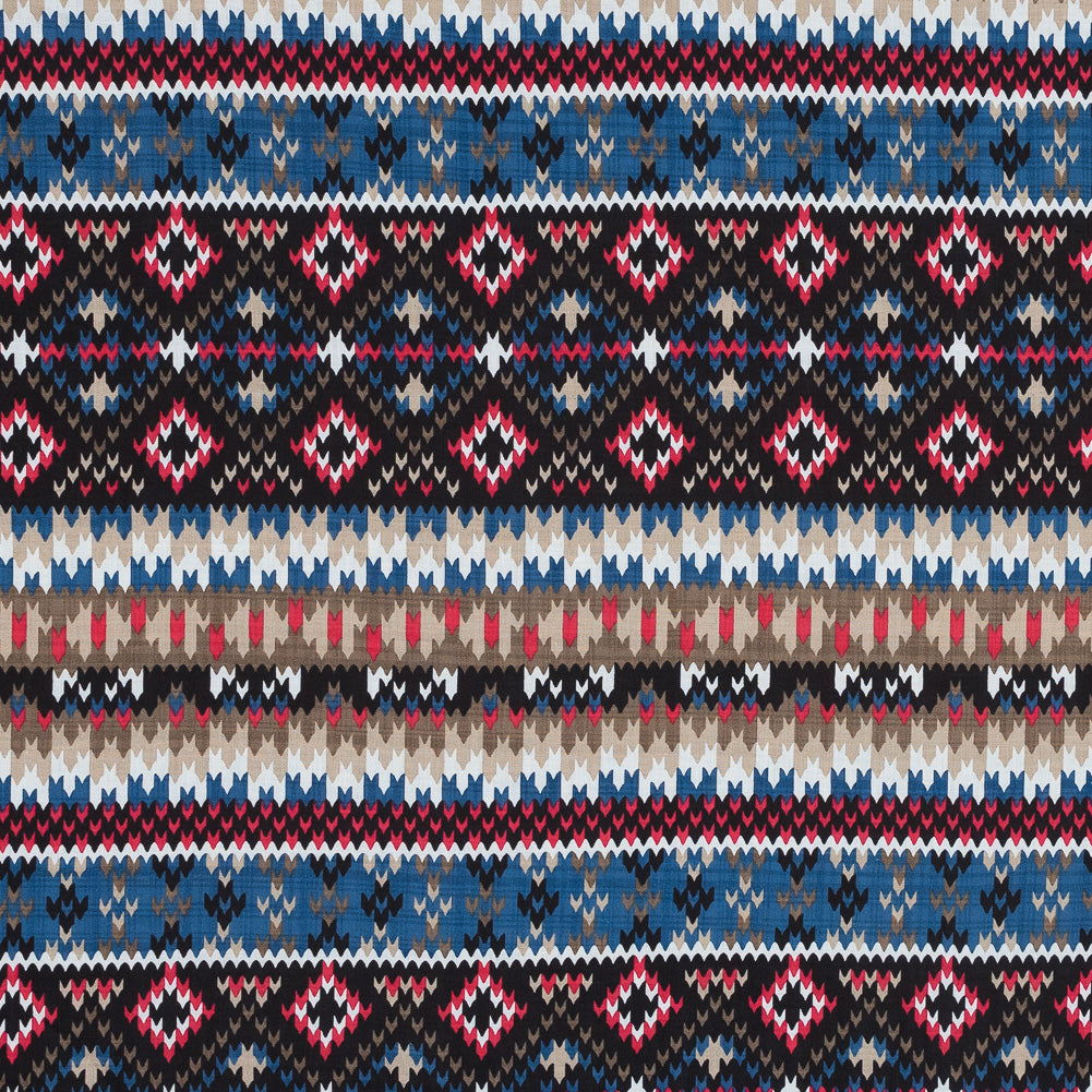 Blue, Red and Beige Geometric Cotton and Viscose Poplin