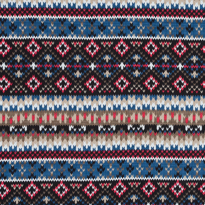 Blue, Red and Beige Geometric Cotton and Viscose Poplin