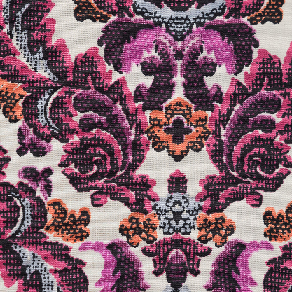 Magenta Haze, Orange and Gray Damask Stretch Cotton Poplin Full