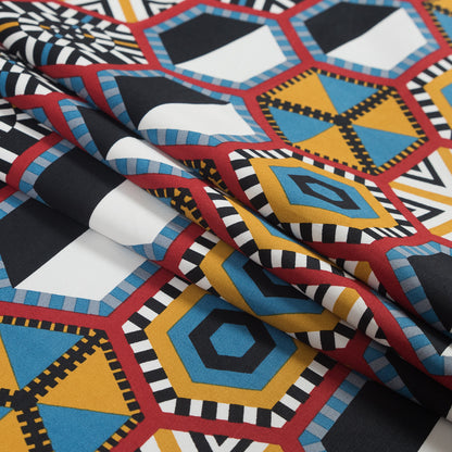 Red, Yellow and Blue Geometric Stretch Cotton Poplin - Folded