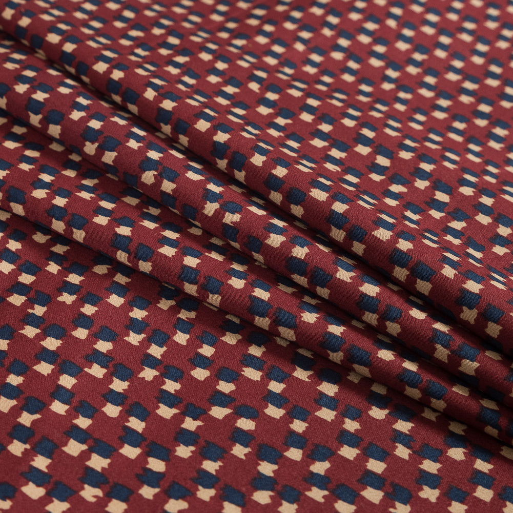Red, Navy and Beige Abstract Stretch Cotton Sateen - Folded