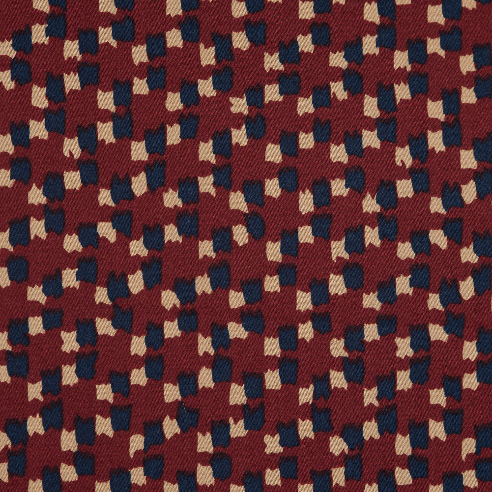 Red, Navy and Beige Abstract Stretch Cotton Sateen - Detail
