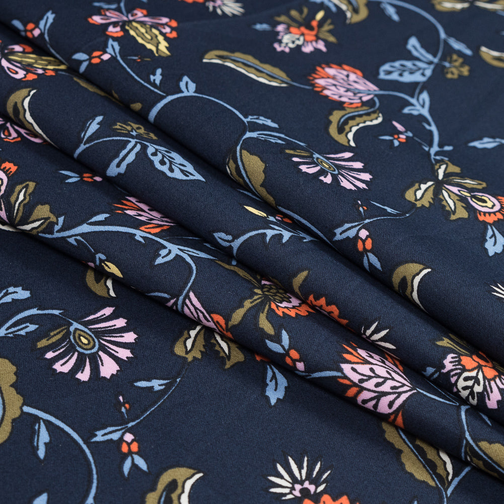 Dark Blue Floral Stretch Cotton Sateen - Folded