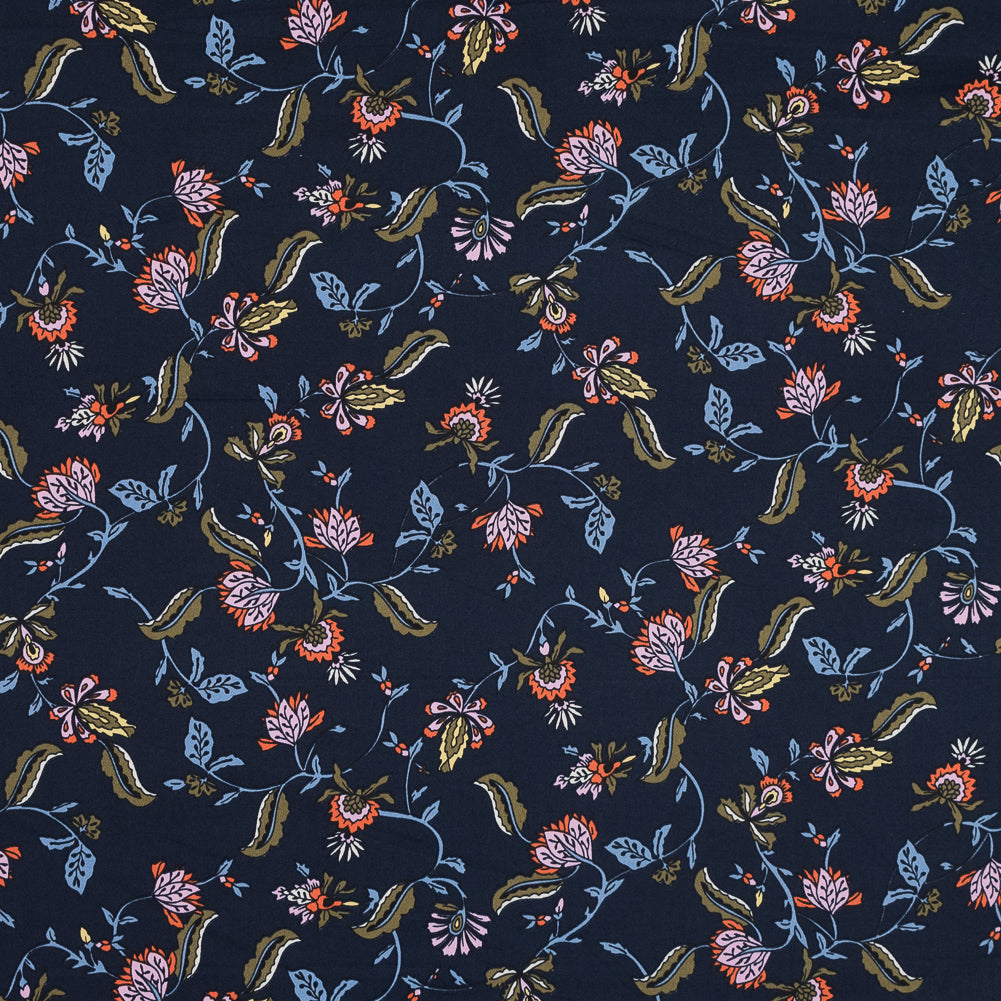 Dark Blue Floral Stretch Cotton Sateen