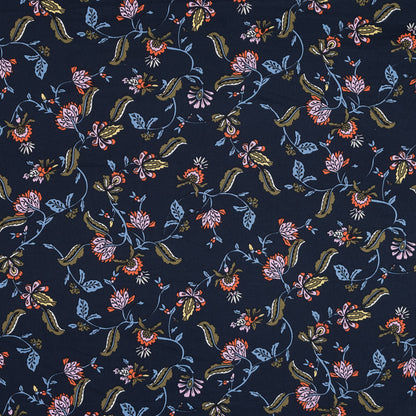 Dark Blue Floral Stretch Cotton Sateen