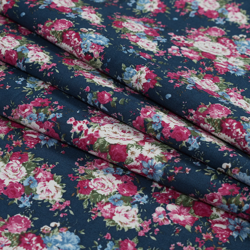 Wild Rose Pink and Insignia Blue Floral Cotton Twill - Detail