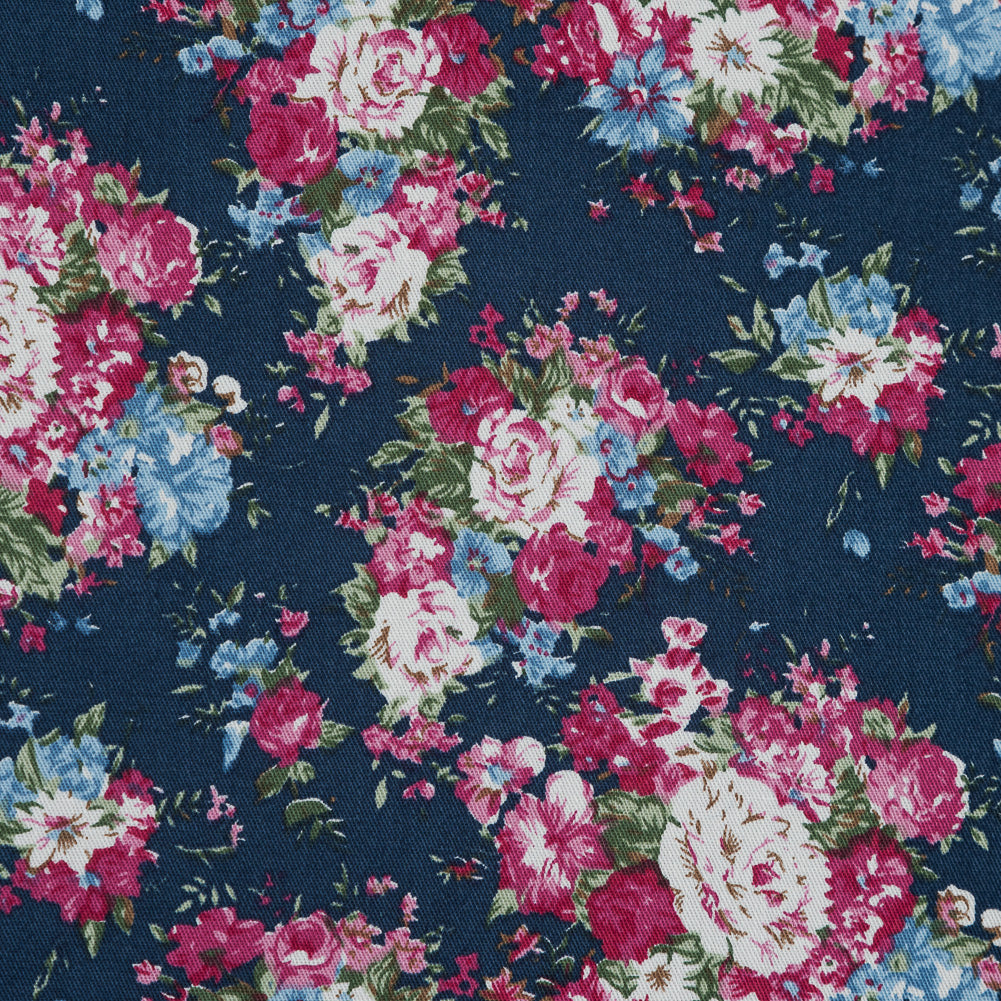 Wild Rose Pink and Insignia Blue Floral Cotton Twill - Full