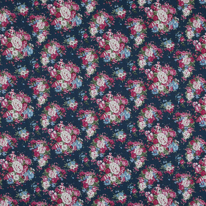Wild Rose Pink and Insignia Blue Floral Cotton Twill