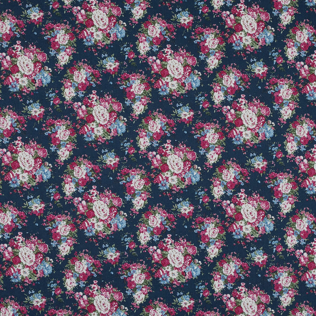 Wild Rose Pink and Insignia Blue Floral Cotton Twill