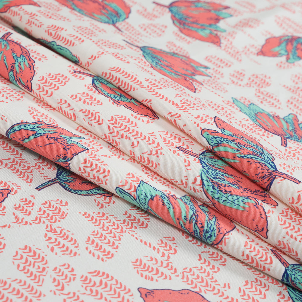 Coral and Seafoam Floral Stretch Cotton Sateen - Detail