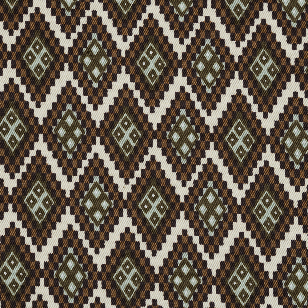 Mulch Brown and Desert Sage Geometric Stretch Cotton Twill - Detail