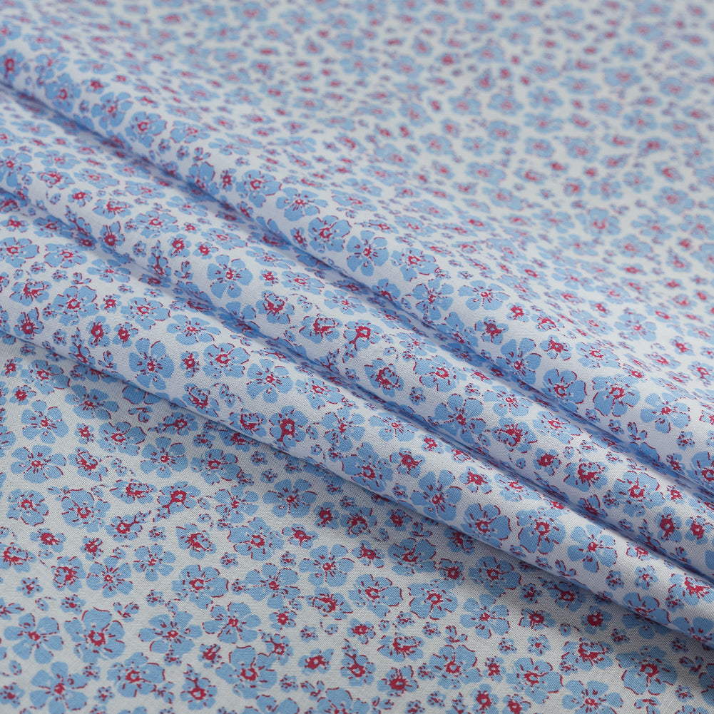 Light Blue, Red and White Floral Cotton Voile - Folded
