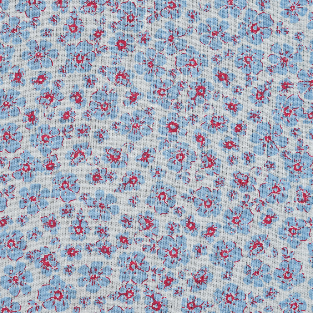 Light Blue, Red and White Floral Cotton Voile - Detail